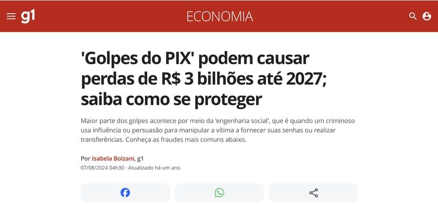 G1 — Golpes do Pix podem causar perdas de R$ 3 bilhões até 2027